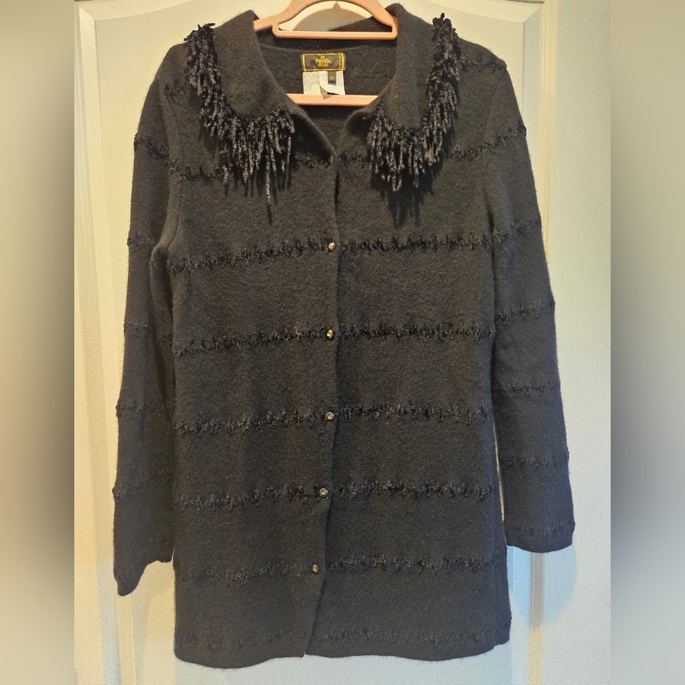 VINTAGE Fendi Cardigan Sweater Appliqué Stitched Fringe Collar Black Womens 42 8 - Picture 2 of 14